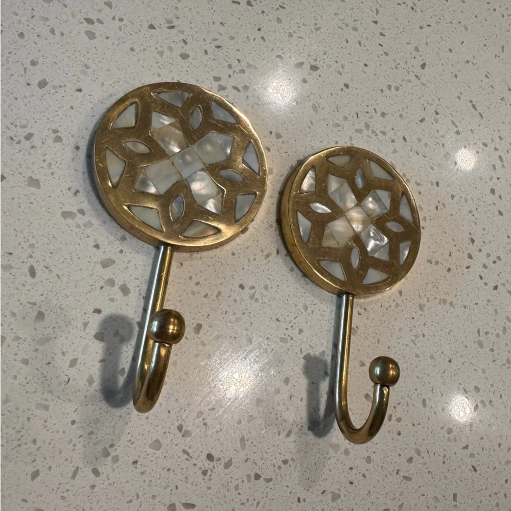 Brass Wall Hooks with Mother-of-Pearl Inlay - Set of 2
